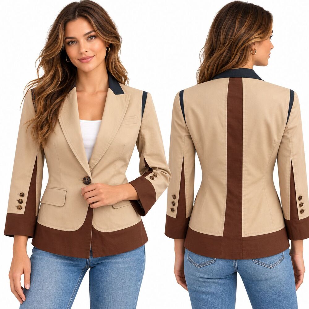 BCBGMAXAZRIA Colorblock Dress Blazer Jacket Beige Brown Womens Size S Cotton